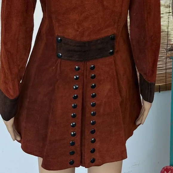 Vintage~60s 70s Suede/Leather 2 Tone BUTTON DETAIL~Penny Lane Coat - Picture 2 of 14